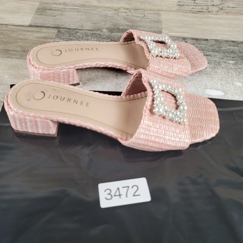 Journee Collection Justina Womens Sandal‎ Sz 8 M Pink Beaded Slip On Block Heel